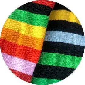 Two pairs of colorful striped socks, one with rainbow pattern and the other with black and green stripes.